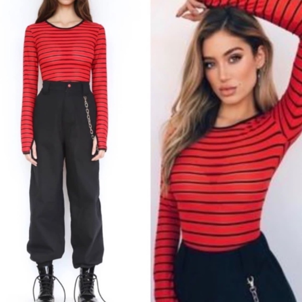 I.AM.GIA Striped Singed Red and Black Bodysuit size S